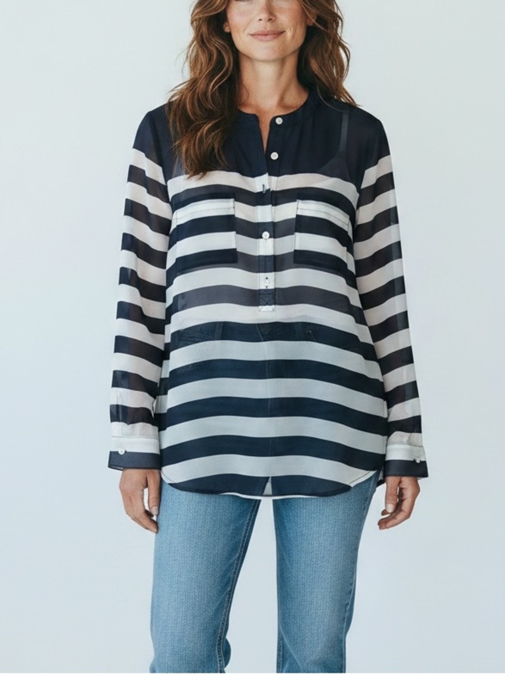 Old Navy Navy and White Striped Button-Front Shirt